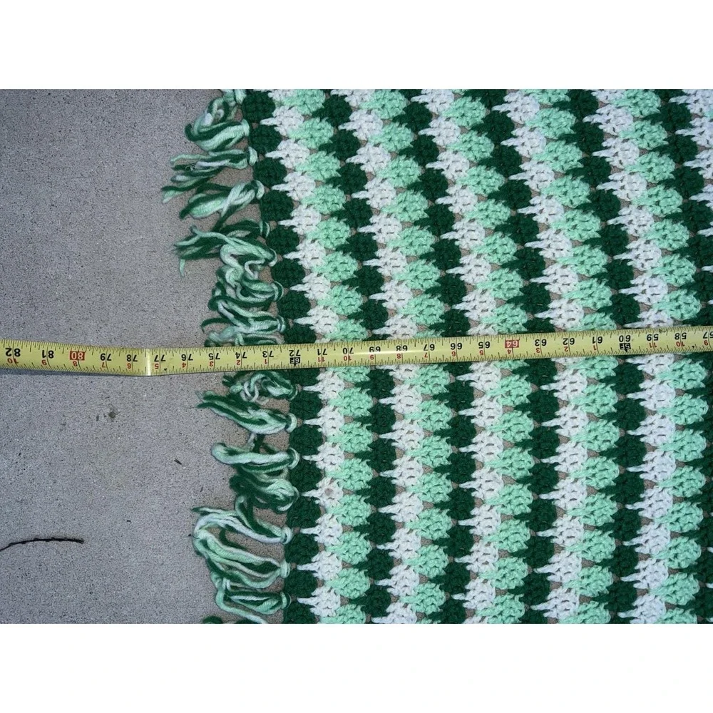 Vintage Handmade Crochet Afghan Throw Blanket Green White Striped Fringe 75x38